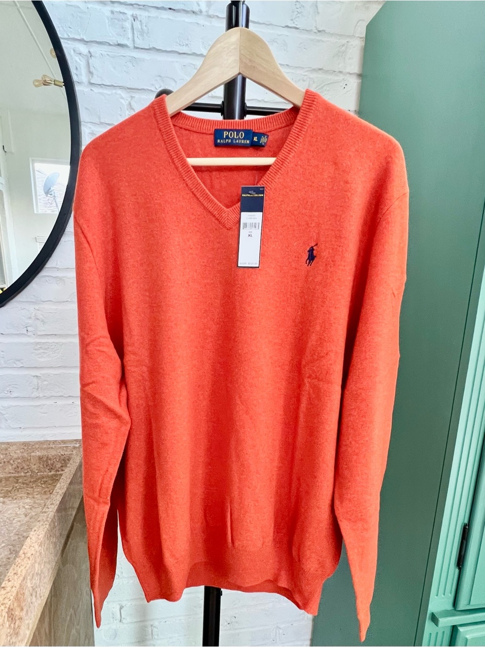 Polo by Ralph Lauren Men's V-Neck Sweater in Coral Orange